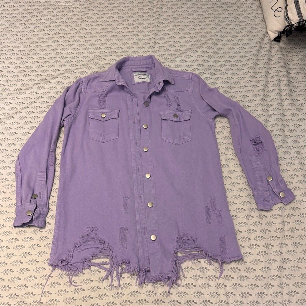 American Bazi Shacket Jacket Womens M Lavender Distressed Frayed Snap